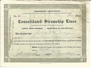 1907 MAINE Consolidated Steamship Lines Temporary Stock Certificate #30 - Imagen 1 de 2