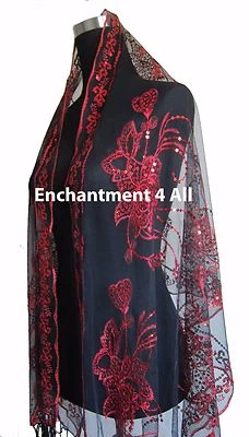 Elegante bufanda de arte floral de encaje oblongo envolvente con lentejuelas negro/rojo Foto 1 de 4