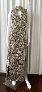 Vintage 60s  Disco Jacquard Lamé  Evening Dress Keyhole Collar Slits Size 14 - Picture 1 of 9