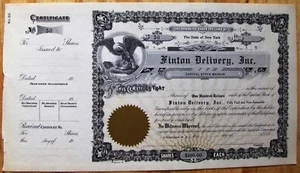 Stock certificate Finton Delivery, Inc. The state of New York - Picture 1 of 3