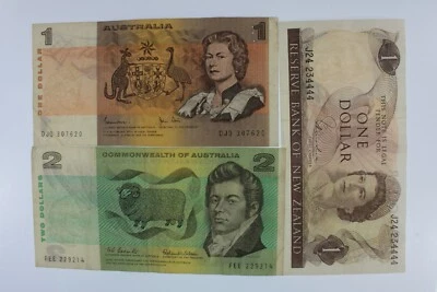 Australia & New Zealand Currency Set // Aus 1979 $1 & 1966 $2 // NZ 1977-81 $1 - Image 1 of 3