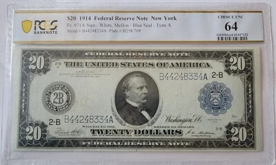 $20 1914 PCGS Choice UNC64 Fed. Res. Note New York Fr. 971A Sign:White, Melon - Image 1 of 4