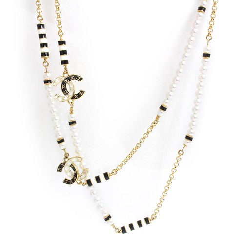 AUTENTICA COLLANA LUNGA CATENA PERLE CHANEL ORO BIANCO NERO ABC972 COLLO:103 109CM F S