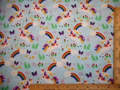 Quilt Fabric By Yard Rainbow Unicorn Butterfly Floral Star on Blue Kona Cotton N - Image 1 of 2