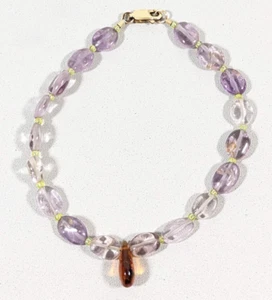 Purple Amethyst Oval Polished Stone Brown Amber Teardrop Bracelet 7.5 in - Picture 1 of 11