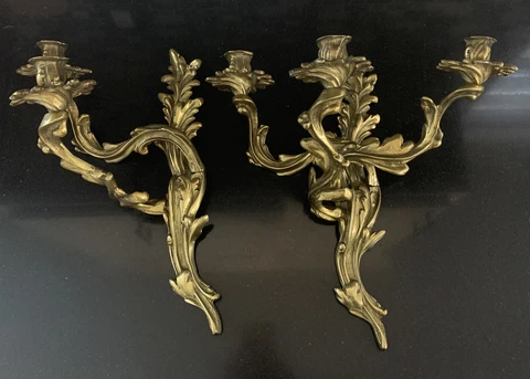 Antique Pair Louis XV Brass French Wall Sconces Sculpture Bronze 15” X 15”ROCOCO Cover