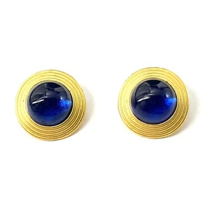 Blue Gripoix Style Earrings Matte Gold Tone Glass Cabochon Round Dome Pierced - Picture 1 of 6