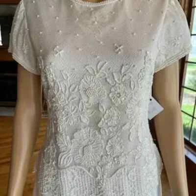 *Brillante Marfil Cuentas Encaje Gasa Manga Corta Vestido de Novia Vestido de Novia Talla 4 Foto 1 de 4