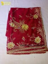 Indian Traditional Vintage Heavy Dupatta Red Pure Slik Stole Fabric Hand Beaded