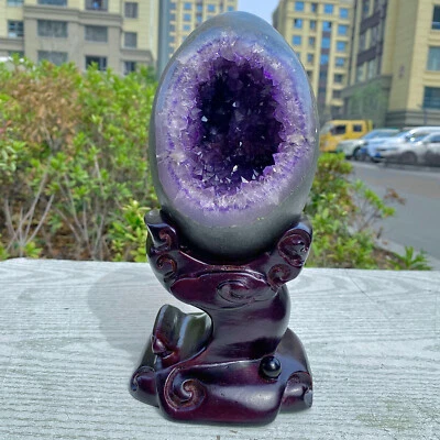4.43lb Top Natural Uruguay Amethyst Geode Quartz Crystal Dinosaur Egg Decor+stan - Image 1 of 4