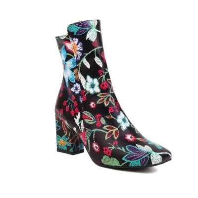 Mujeres Estampado Floral Botines Tacones Medianos Puntera Cuadrada Zapatos Vestido Fiesta OL Foto 1 de 4