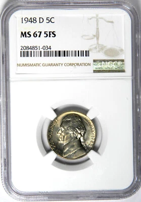 1948-D JEFFERSON NICKEL 5 FULL STEPS SUPER GEM NGC MS67 5FS! - Image 1 of 4