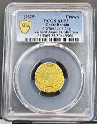 1625 GRAN BRETAÑA ORO CORONA BUSTO CORONADO CHARLES I PCGS AU 53 EXTREMADAMENTE RARO Foto 1 de 3