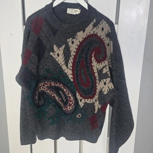 Sears Roebuck & Co VTG Paisley Argyle Gray Wool Blend Sweater XL Grandpacore - Picture 1 of 7