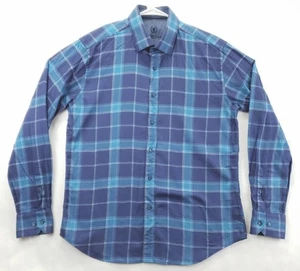 Bugatchi Uomo Shirt Mens Large Blue Plaid Cotton Flip Cuff Shaped Fit Button-Up - Picture 1 of 13