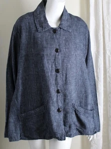 FLAX Jeanne Engelhart Sz M Indigo Black CHECK Linen Jacket Flowing - Picture 1 of 9