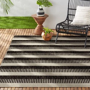 New York Patio Country Charlotte Modern Stripe Indoor Outdoor Area Rug Black Gre - Picture 1 of 9