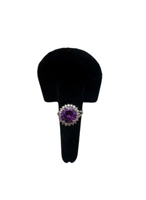 Anillo de plata de ley 925 FAS grande redondo púrpura amatista y circonita cúbica tamaño 6,5 Foto 1 de 4