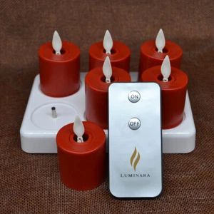 Luminara Rechargeable Flickering LED Tea Light Candles with Timer Set of 6 Red - Picture 1 of 5