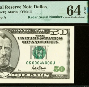 2001 $50 Dallas FRN PMG 64EPQ rare birthday super radar serial number 00044000 - Picture 1 of 3