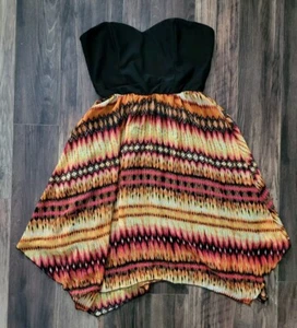 Y2K Deb Black Multicolor Strapless Asymmetrical Hankerchief Hem Dress Sz 1X - Picture 1 of 5