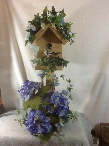 Beautiful Handmade Tall Wooden Decorative BIRDHOUSE with Purple & Blue Flowers Cover