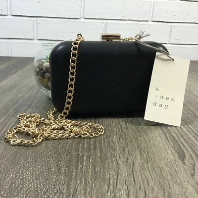 A New Day Hard Case Clutch Purse Black Gold Trim Removable Crossbody Chain NEW - Image 1 of 4
