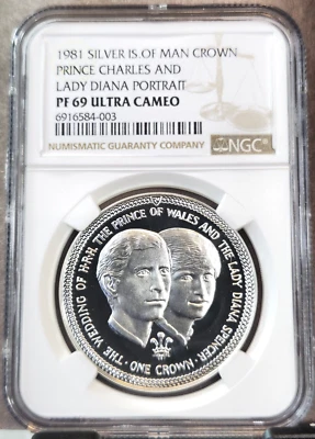 1981 ISLE OF MAN SILVER CROWN CHARLES & DIANA NGC PF 69 ULTRA CAMEO RARE TOP POP - Image 1 of 3