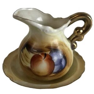 Vintage Miniature Artmark Bone China Pitcher And Bowl Gold Trim Japan Fruit - Picture 1 of 10