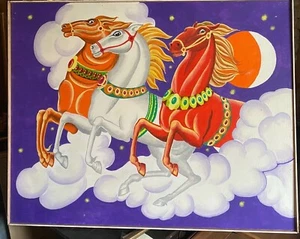 Oil Painting 3 Horses Circus Cloud Children's Room Fairytale Gallop Antique - Picture 1 of 6