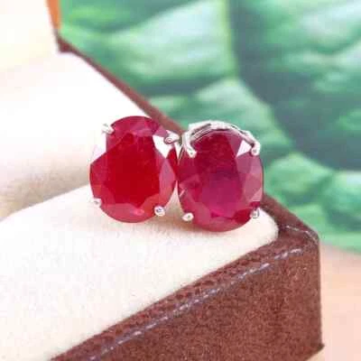 Natural Ruby 8x10mm Gemstone  925 Sterling Silver Handmade Stud For Gift Her - Image 1 of 4