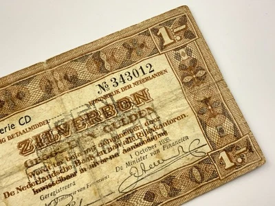 1938 Netherlands Zilverbon One 1 Gulden Silver Voucher Circulated Banknote II876 - Image 1 of 4