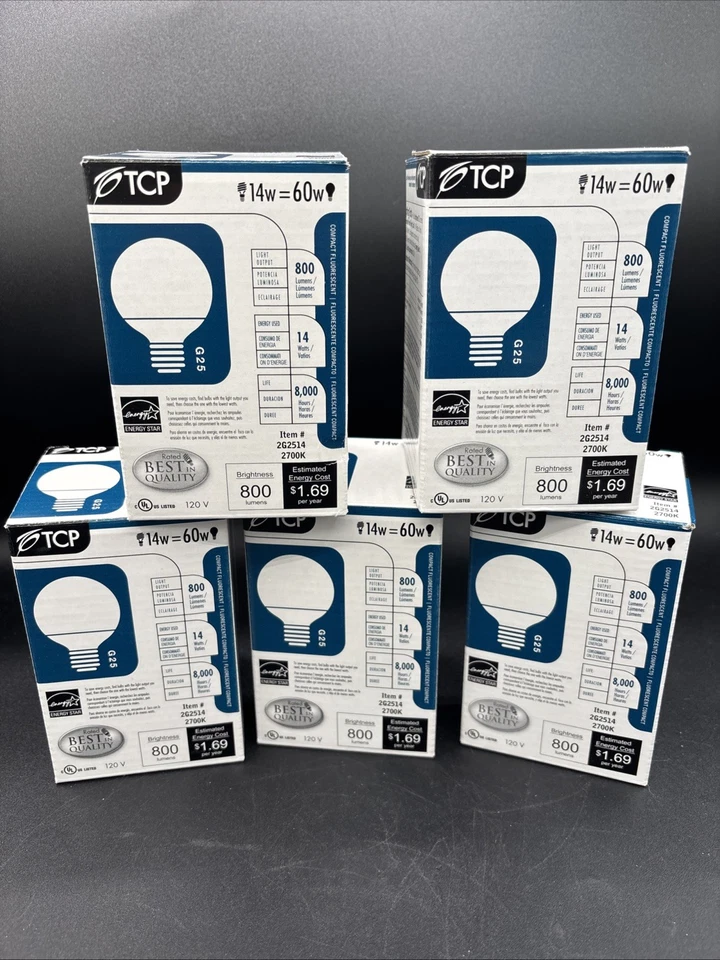 5-TCP 14W=60W G25 CFL Medium Base Globe Bulb 2700K Warm White - Image 1 of 4