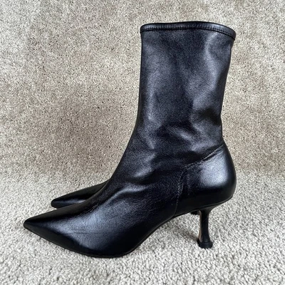 Zara Ankle Boots Booties Womens Size 7.5 Black Soft Leather Pointed Toe Size Zip - Image 1 of 4