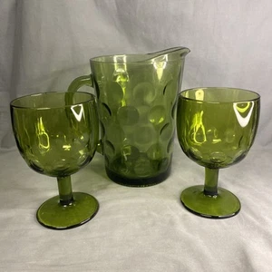 Vintage Hazel Atlas El Dorado Green Bubble Dot Glass Pitcher 2 Goblets - Picture 1 of 10