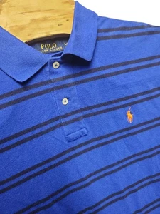 VTG Polo RALPH LAUREN Mens Blue Black Stripe Cotton Pony Polo S/S Shirt Large - Picture 1 of 7