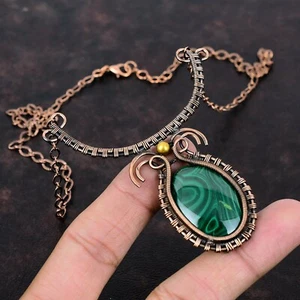 Russian Malachite Copper Love Gift Wire Wrapped Adjustable Necklace 18.0" - Picture 1 of 6