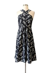 Ann Taylor besticktes Kleid mit Ananas Neckholder A Line Leinenmischung blau weiß Gr. 0 - Bild 1 von 5