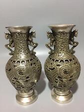 A Pair Old Tibet Silver Handwork Carved Dragon and Phoenix Hollow Vase W Marks