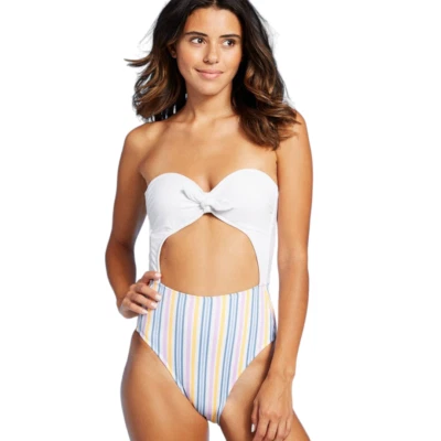 Xhilaration Womens Jrs Tie-Front Cut Out One Piece Swimsuit Multi Stripe Size XL - Image 1 of 4