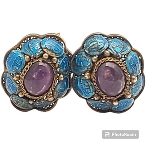 1950s Chinese Filigree Silver Purple Amethyst Earrings - Picture 1 of 7