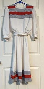 Vintage 70s/80s LADY CAROL Nautical Stripes Belted Swingy Dress Sz 14? Read - Picture 1 of 14