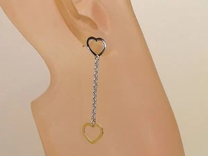 PUSH POST HEART DROP EARRING HEART DANGLING AT END (14 KT YELLOW & WHITE GOLD)/ - Picture 1 of 6