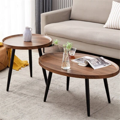 2x Nested Coffee Table Side Tables Set Solid Wood w/ Anti-Drop Edge &Tripod Legs - image 1 of 4