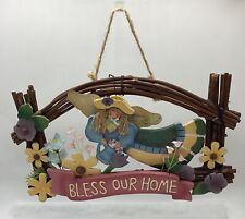 Door / Wall  Grapevine Wreath With Wood Gardening Angel “Bless Our Home”