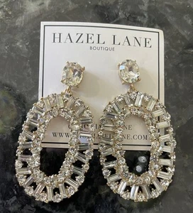 Chunky Clear Baguette/Round Rhinestone Oval Dangle Earrings Pierced Mixed Tone - Picture 1 of 8