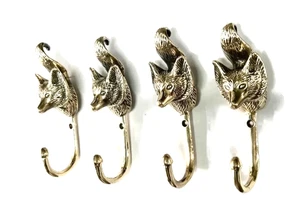 4 small FOX Head 4.1/4" Solid Brass hook Antique Wall Mount Coat Hat Hooks - Picture 1 of 12