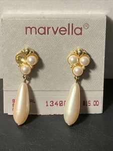 Vintage Gold Tone Marvella White Pearl Drop/Dangle Pierced Missing 1 Pearl - Picture 1 of 4