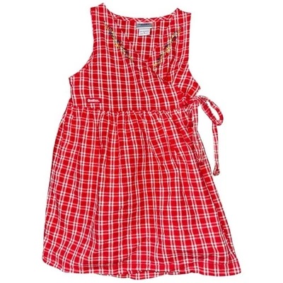 Oshkosh B'Gosh Vintage USA Girls 5 Red White Gingham Plaid Pinafore Wrap Dress - Image 1 of 4