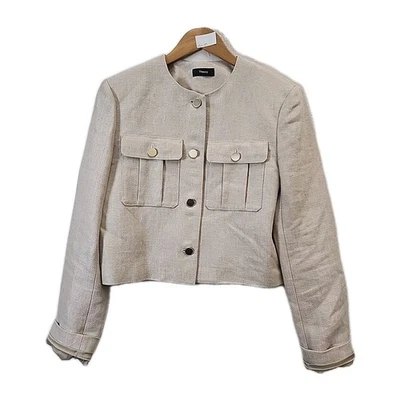 Theory Beige Military Button Up Cropped Jacket Size 6 1121-37 - Image 1 of 3